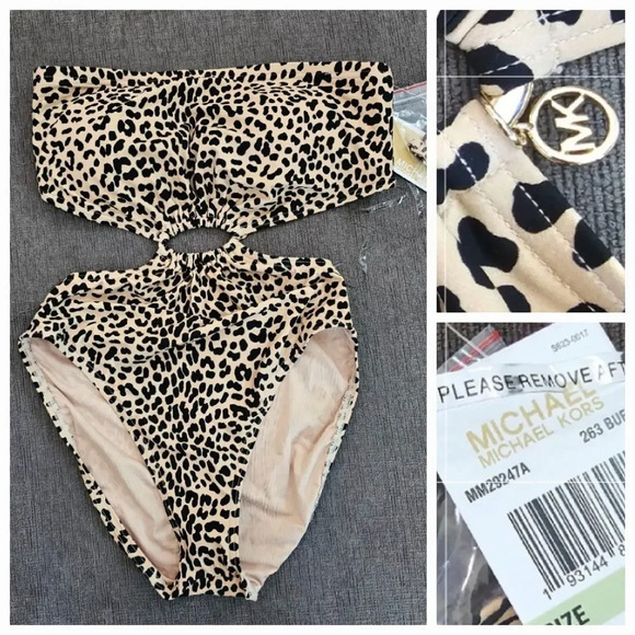 Michael Kors bandeau leopard print side cutout logo charm One Piece Swimsuit 8 - Picture 1 of 12